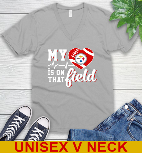 NFL My Heart Is On That Field Football Sports Pittsburgh Steelers V-Neck T-Shirt 3