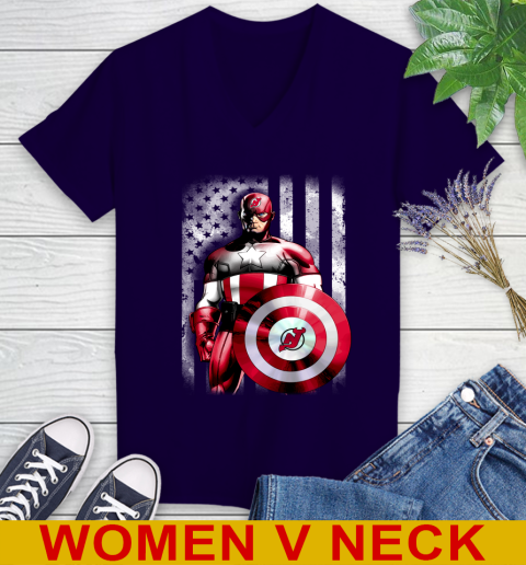 New Jersey Devils NHL Hockey Captain America Marvel Avengers American Flag Shirt Women's V-Neck T-Shirt - Image 4