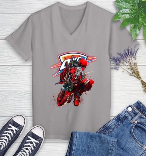 NBA Deadpool Marvel Comics Sports Basketball Oklahoma City Thunder Women's V-Neck T-Shirt 4