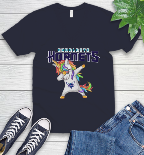 Charlotte Hornets NBA Basketball Funny Unicorn Dabbing Sports V-Neck T-Shirt 3