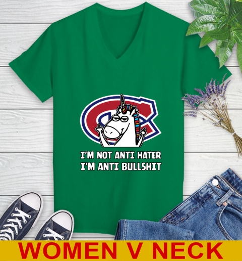Montreal Canadiens NHL Hockey Unicorn I'm Not Anti Hater I'm Anti Bullshit Women's V-Neck T-Shirt 6