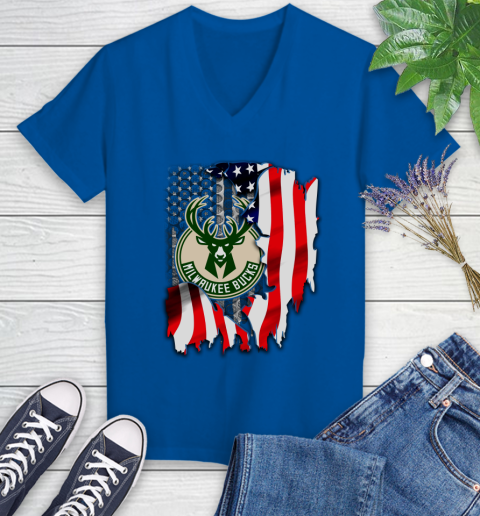 Milwaukee Bucks NBA Basketball American Flag Women's V-Neck T-Shirt 10