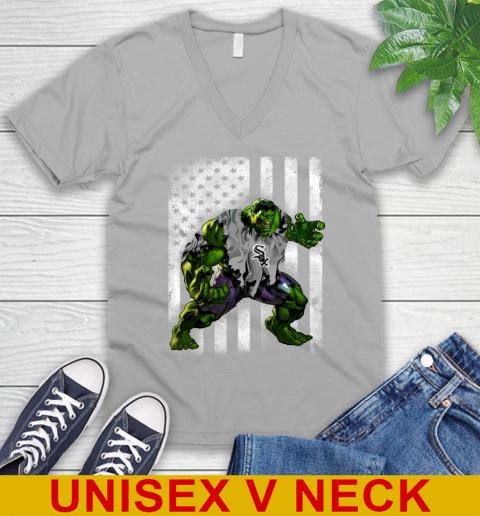 Chicago White Sox Hulk Marvel Avengers MLB Baseball American Flag V-Neck T-Shirt 3