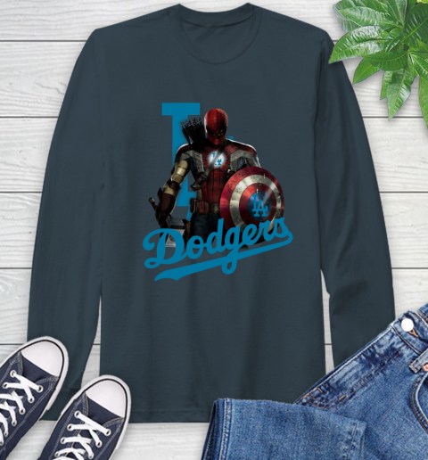 MLB Captain America Thor Spider Man Hawkeye Avengers Endgame Baseball Los Angeles Dodgers Long Sleeve T-Shirt 8