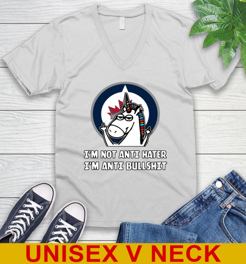 Winnipeg Jets NHL Hockey Unicorn I'm Not Anti Hater I'm Anti Bullshit V-Neck T-Shirt