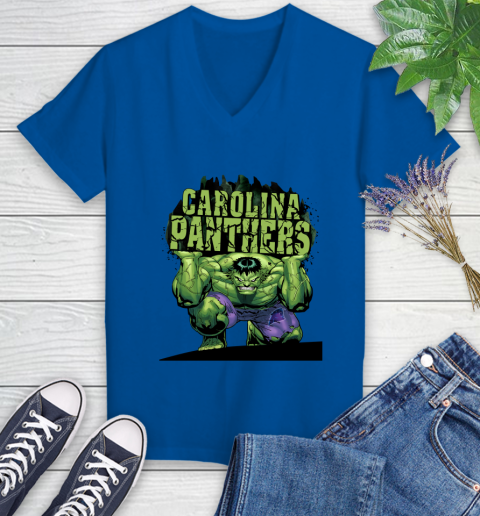 Carolina Panthers NFL Football Incredible Hulk Marvel Avengers Sports Women's V-Neck T-Shirt 10