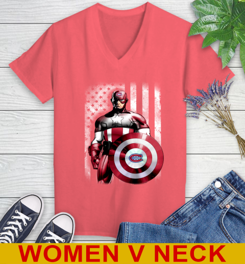 Montreal Canadiens NHL Hockey Captain America Marvel Avengers American Flag Shirt Women's V-Neck T-Shirt 6