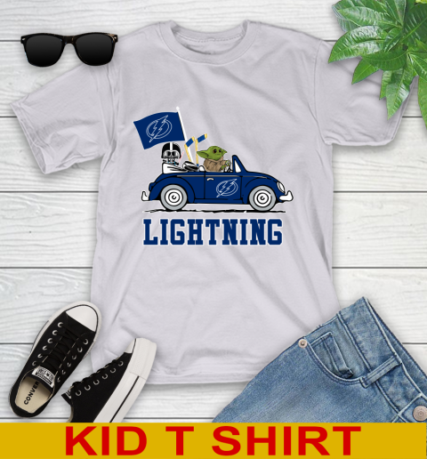 NHL Hockey Tampa Bay Lightning Darth Vader Baby Yoda Driving Star Wars Shirt Youth T-Shirt 5