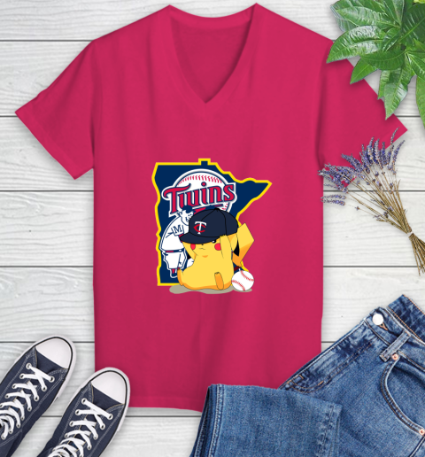MLB Pikachu Baseball Sports Minnesota Twins Women's V-Neck T-Shirt 9