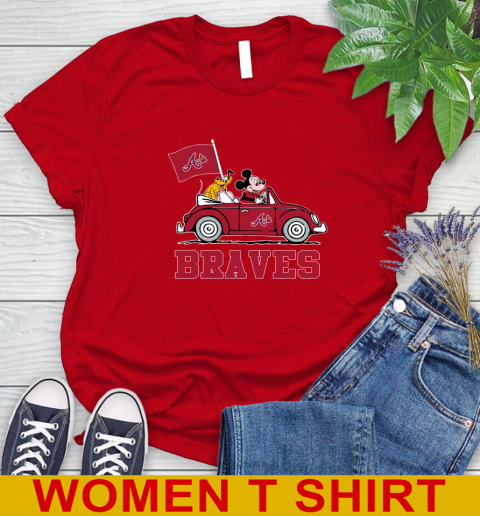 MLB Baseball Atlanta Braves Pluto Mickey Driving Disney Shirt Women's T-Shirt - Image 11
