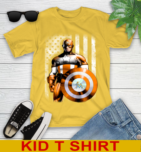 Miami Marlins MLB Baseball Captain America Marvel Avengers American Flag Shirt Youth T-Shirt 9