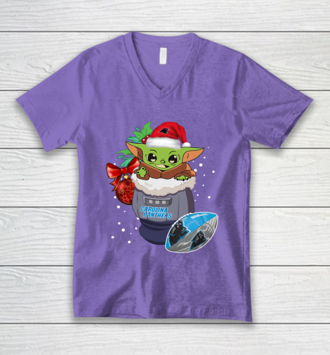 Carolina Panthers Christmas Baby Yoda Star Wars Funny Happy NFL V-Neck T-Shirt 9