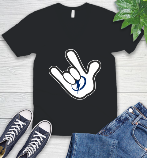 Tampa Bay Lightning NHL Hockey Mickey Rock Hand Disney V-Neck T-Shirt 2