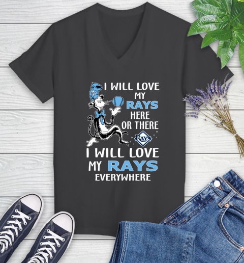 MLB Baseball Tampa Bay Rays I Will Love My Rays Everywhere Dr Seuss Shirt Women's V-Neck T-Shirt 6