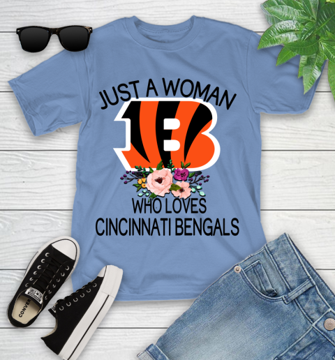 NFL Just A Woman Who Loves Cincinnati Bengals Football Sports Youth T-Shirt 9