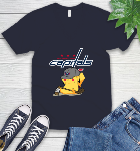 NHL Pikachu Hockey Sports Washington Capitals V-Neck T-Shirt 3