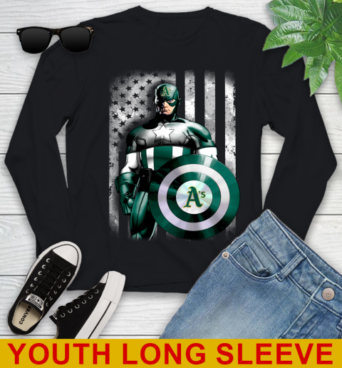 Oakland Athletics MLB Baseball Captain America Marvel Avengers American Flag Shirt Youth Long Sleeve