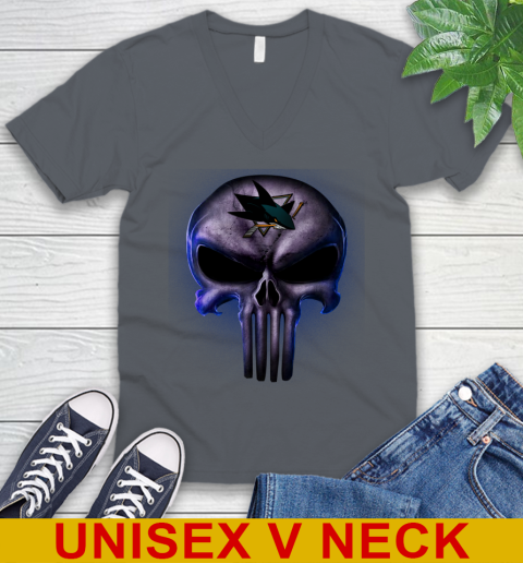 San Jose Sharks NHL Hockey Punisher Skull Sports V-Neck T-Shirt 4