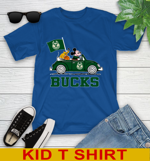 NBA Basketball Milwaukee Bucks Pluto Mickey Driving Disney Shirt Youth T-Shirt 9