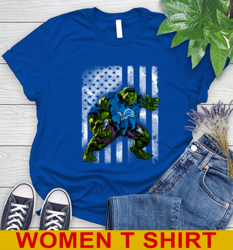 Detroit Lions Hulk Marvel Avengers NFL Football American Flag Women's T-Shirt 10
