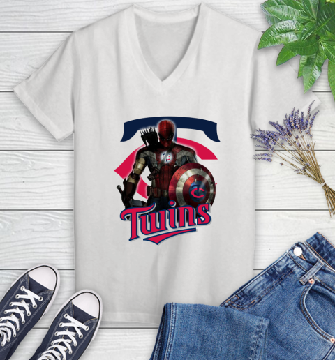 MLB Captain America Thor Spider Man Hawkeye Avengers Endgame Baseball Minnesota Twins Women's V-Neck T-Shirt