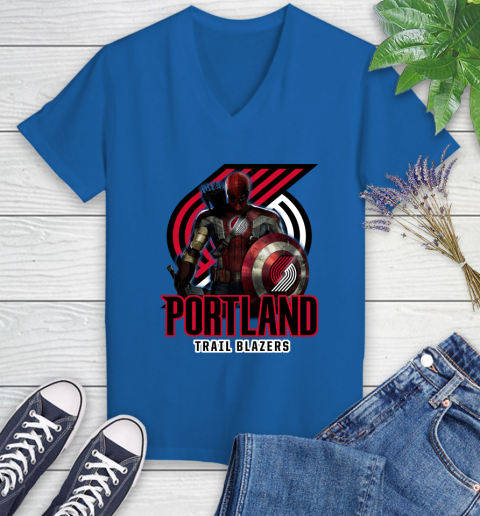 Portland Trail Blazers NBA Basketball Captain America Thor Spider Man Hawkeye Avengers Women's V-Neck T-Shirt 10