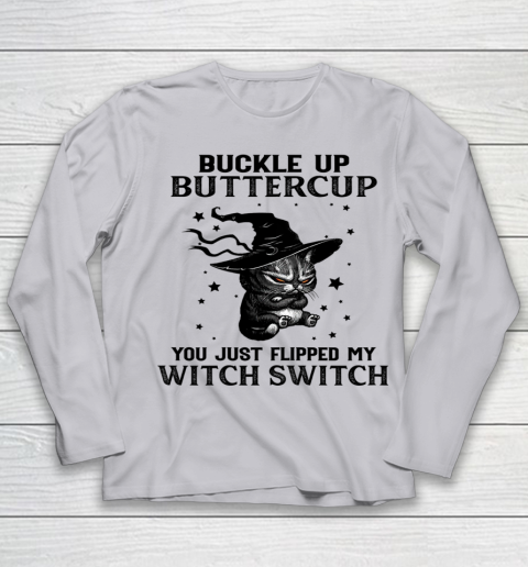 Halloween Cat Buckle Up Buttercup You Just Flipped My Witch Switch Youth Long Sleeve 3