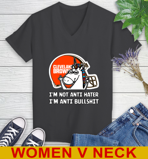 Cleveland Browns NFL Football Unicorn I'm Not Anti Hater I'm Anti Bullshit Women's V-Neck T-Shirt 9