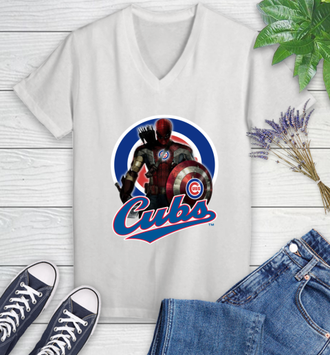 MLB Captain America Thor Spider Man Hawkeye Avengers Endgame Baseball Chicago Cubs Women's V-Neck T-Shirt