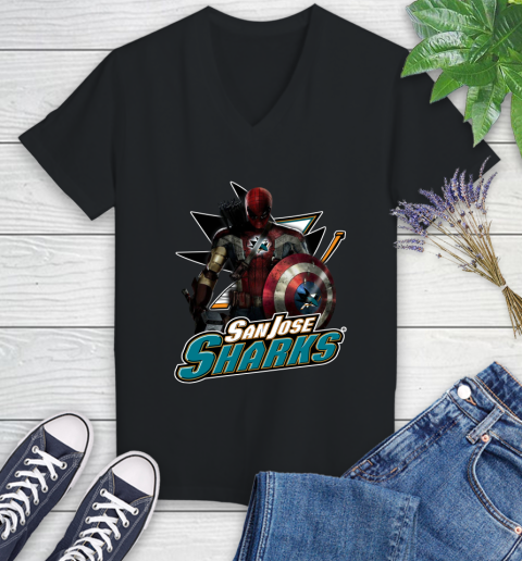 NHL Captain America Thor Spider Man Hawkeye Avengers Endgame Hockey San Jose Sharks Women's V-Neck T-Shirt 2