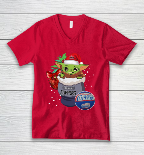 LA Clippers Christmas Baby Yoda Star Wars Funny Happy NBA V-Neck T-Shirt 7