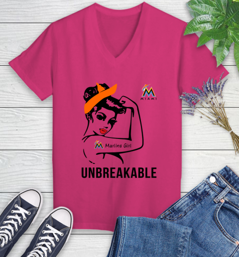 MLB Miami Marlins Girl Unbreakable Baseball Sports Women's V-Neck T-Shirt 5