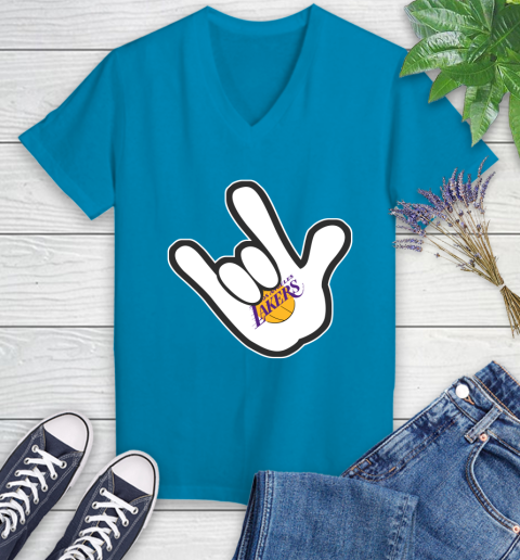Los Angeles Lakers NBA Basketball Mickey Rock Hand Disney Women's V-Neck T-Shirt 7