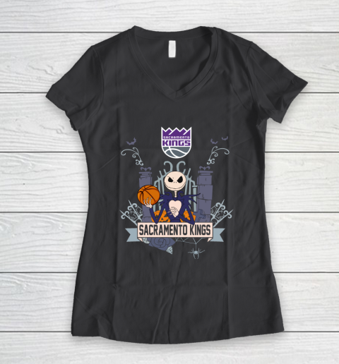 NBA Sacramento Kings Basketball Jack Skellington Halloween Women's V-Neck T-Shirt 6