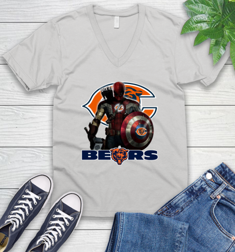 NFL Captain America Thor Spider Man Hawkeye Avengers Endgame Football Chicago Bears V-Neck T-Shirt
