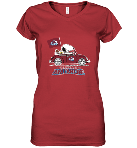 Snoopy And Woodstock Ride The Colorado Avalanche Car NHL Women's V-Neck T-Shirt