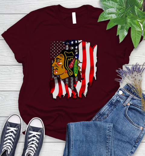 Chicago Blackhawks NHL Hockey American Flag Women's T-Shirt 7