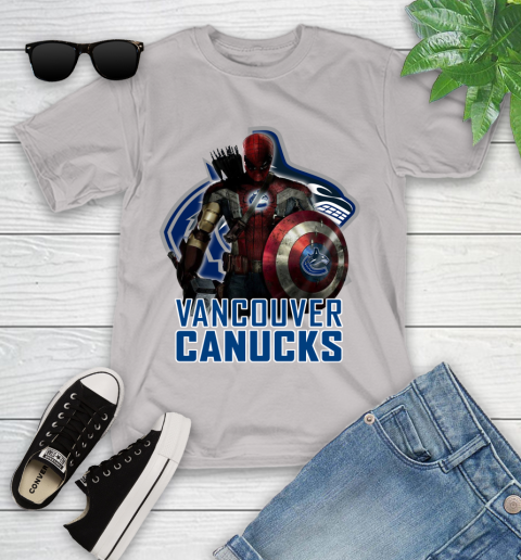 NHL Captain America Thor Spider Man Hawkeye Avengers Endgame Hockey Vancouver Canucks Youth T-Shirt 12