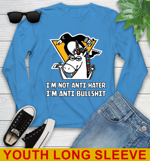 Pittsburgh Penguins NHL Hockey Unicorn I'm Not Anti Hater I'm Anti Bullshit Youth Long Sleeve 8