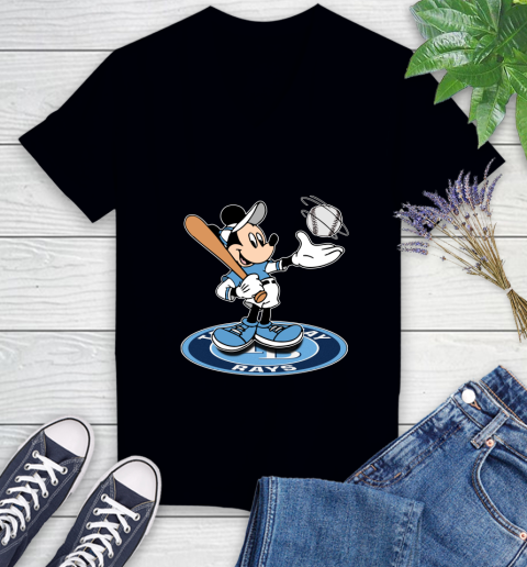 MLB Baseball Tampa Bay Rays Cheerful Mickey Disney Shirt Women's V-Neck T-Shirt