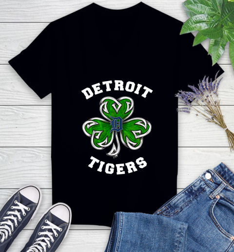 MLB Detroit Tigers Three Leaf Clover St Patrick's Day Baseball Sports Women's V-Neck T-Shirt