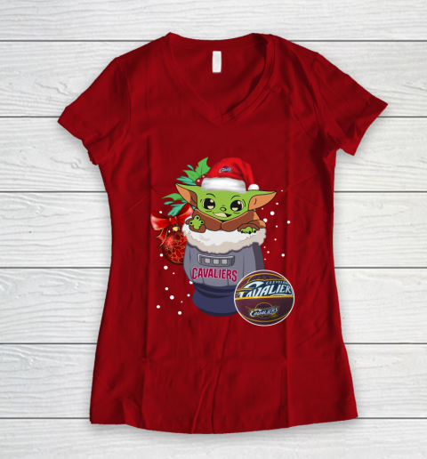 Cleveland Cavaliers Christmas Baby Yoda Star Wars Funny Happy NBA Women's V-Neck T-Shirt 10