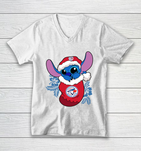 Toronto Blue Jays Christmas Stitch In The Sock Funny Disney MLB V-Neck T-Shirt 2
