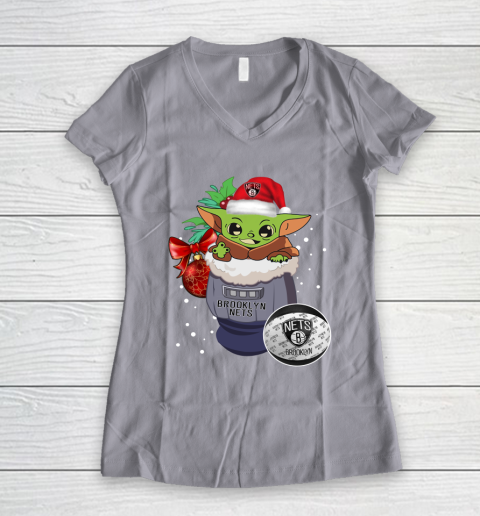 Brooklyn Nets Christmas Baby Yoda Star Wars Funny Happy NBA Women's V-Neck T-Shirt 4