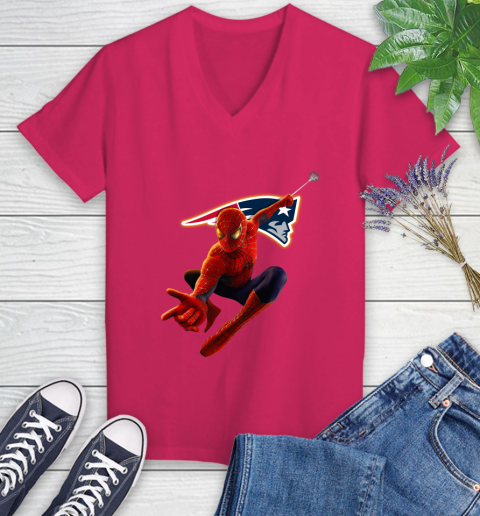 NFL Spider Man Avengers Endgame Football New England Patriots Women's V-Neck T-Shirt 9