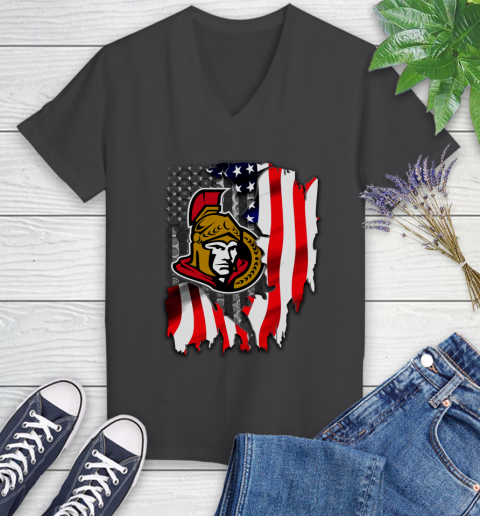 Ottawa Senators NHL Hockey American Flag Women's V-Neck T-Shirt 8