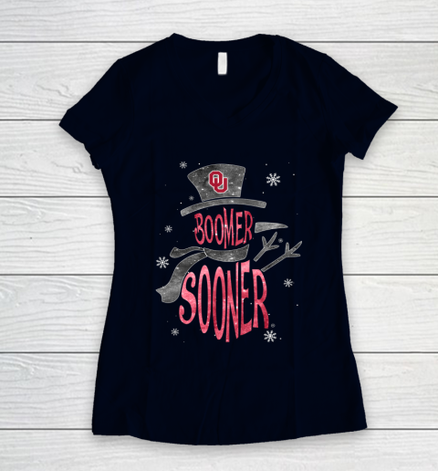 Oklahoma Sooners Christmas Snowman Women's V-Neck T-Shirt 2