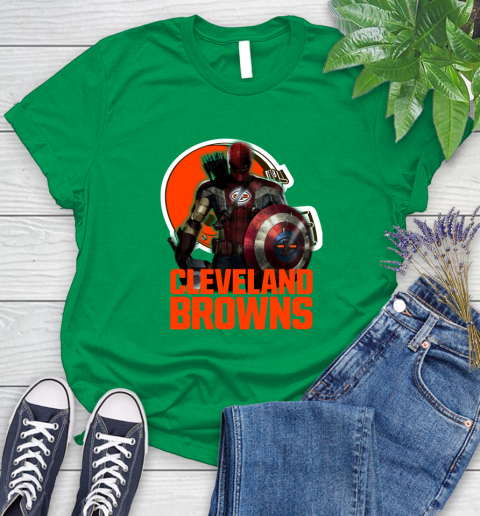 NFL Captain America Thor Spider Man Hawkeye Avengers Endgame Football Cleveland Browns Women's T-Shirt 6