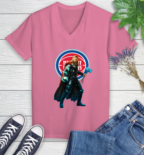 NBA Thor Avengers Endgame Basketball Detroit Pistons Women's V-Neck T-Shirt 13