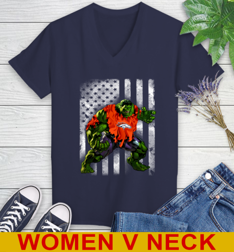 Denver Broncos Hulk Marvel Avengers NFL Football American Flag Women's V-Neck T-Shirt 12